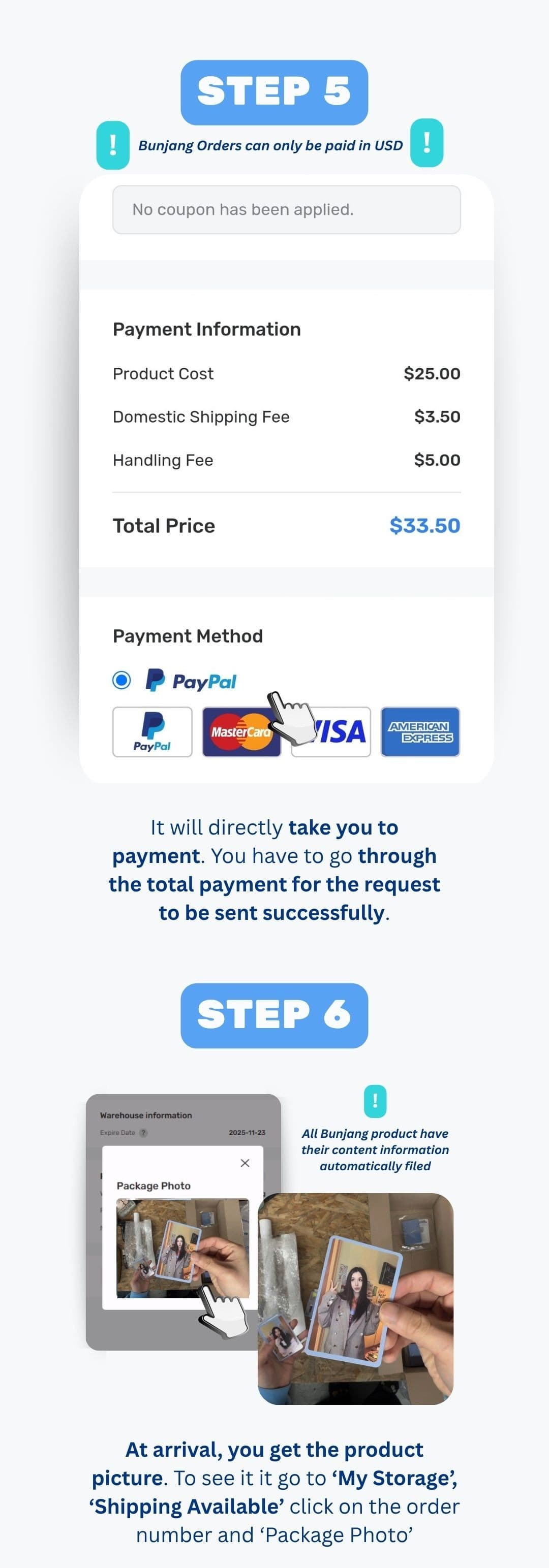 Choosing Bunjang inspection options and completing payment on Ontact Korea