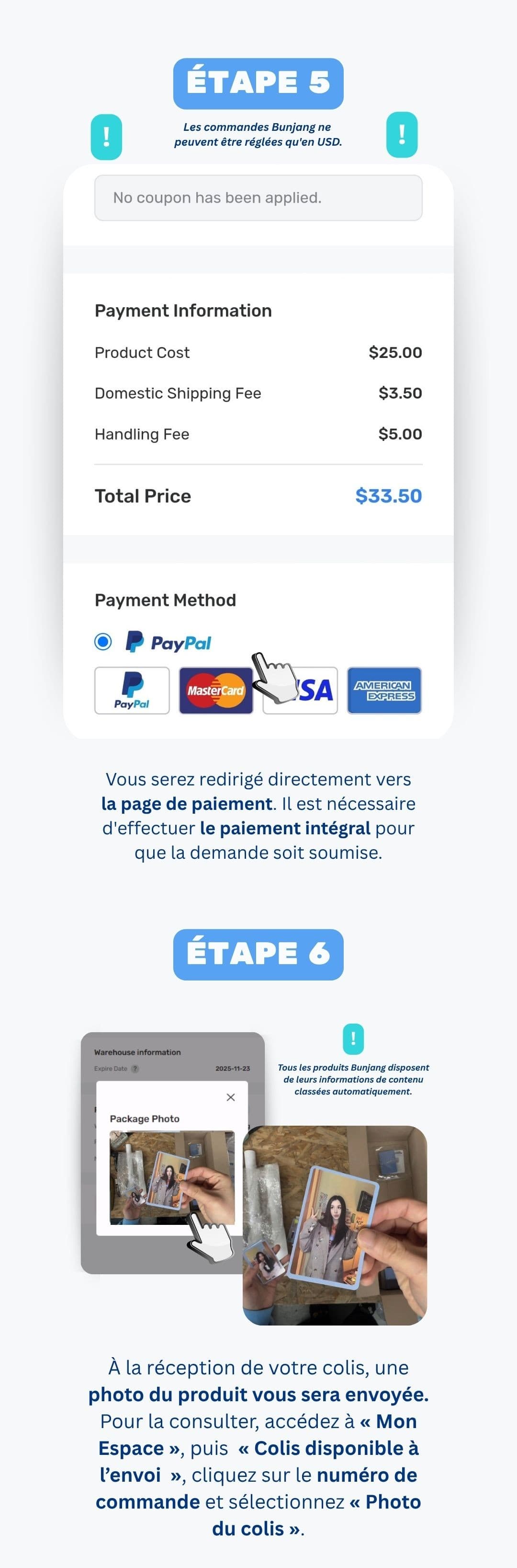 Choix des options d'inspection Bunjang et finalisation du paiement sur Ontact Korea