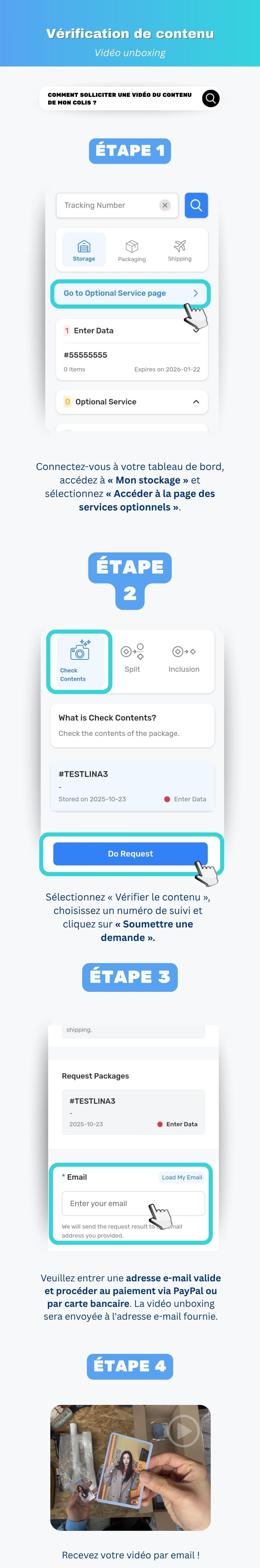 Demande du service Check Content pour vérifier les articles à l'intérieur d'un colis coréen sur Ontact Korea