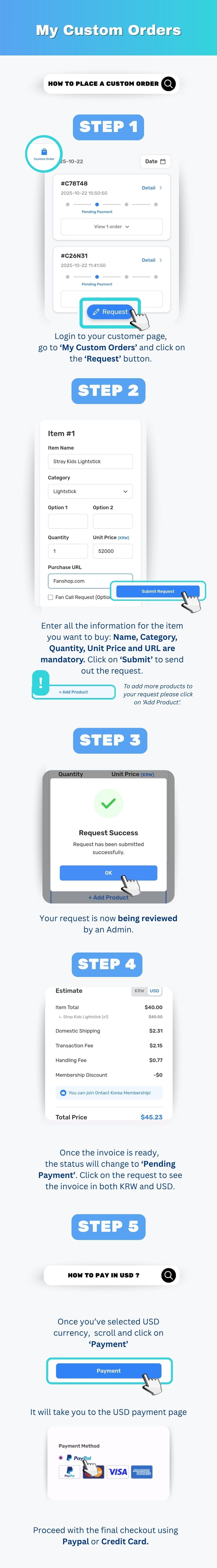 Submitting an Ontact Korea custom order request with the Korean product link