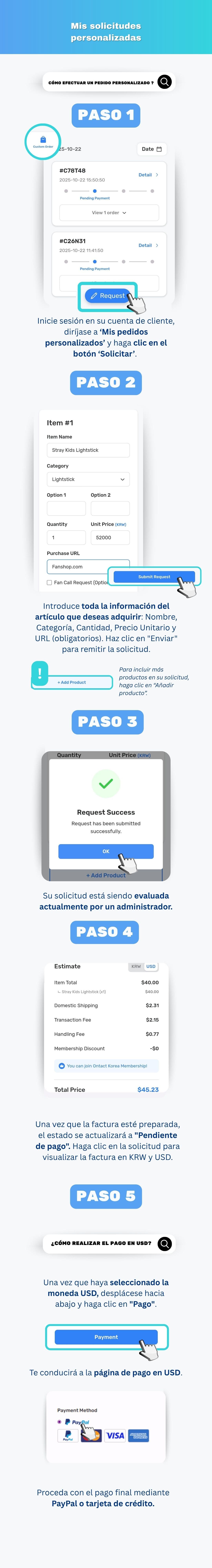 Enviando una solicitud de pedido personalizado de Ontact Korea con el enlace del producto coreano