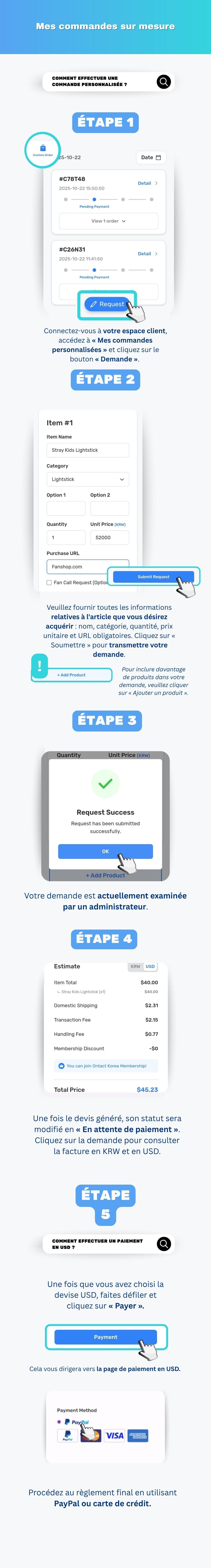 Soumettre une demande de commande personnalisée Ontact Korea avec le lien du produit coréen