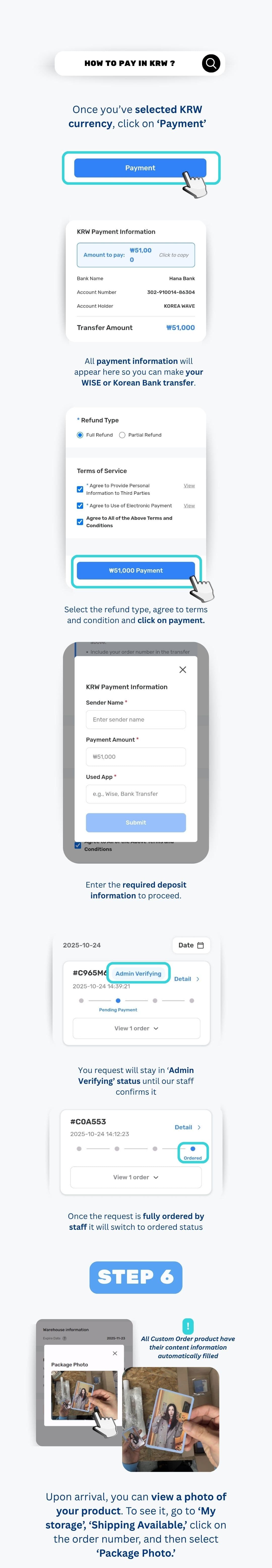 Reviewing the Ontact Korea custom order quote and completing the payment