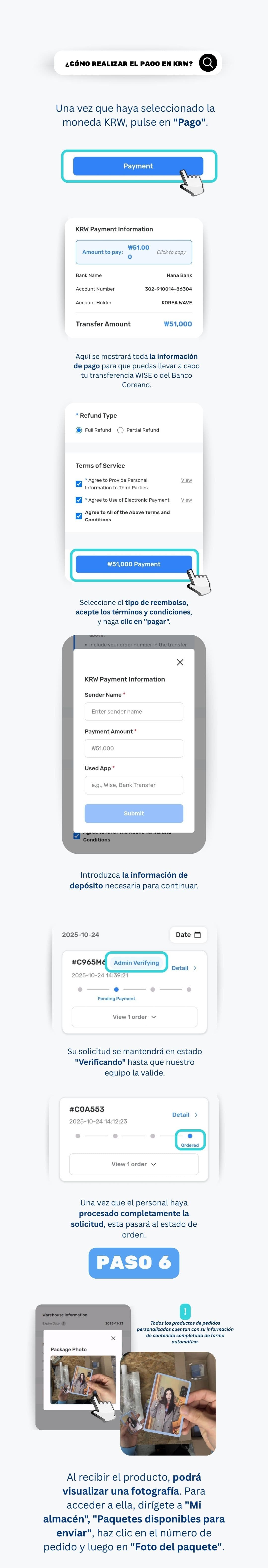 Revisando la cotización del pedido personalizado de Ontact Korea y completando el pago
