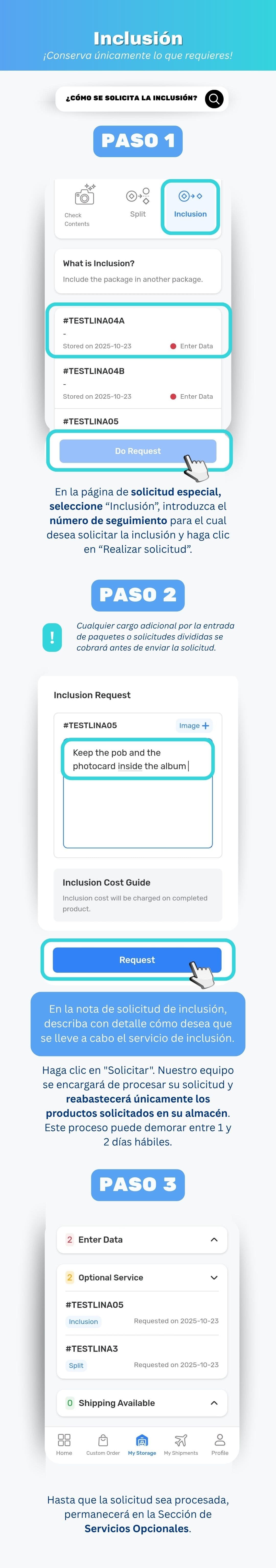 Añadiendo artículos adicionales a un paquete coreano existente usando el servicio Inclusion de Ontact Korea