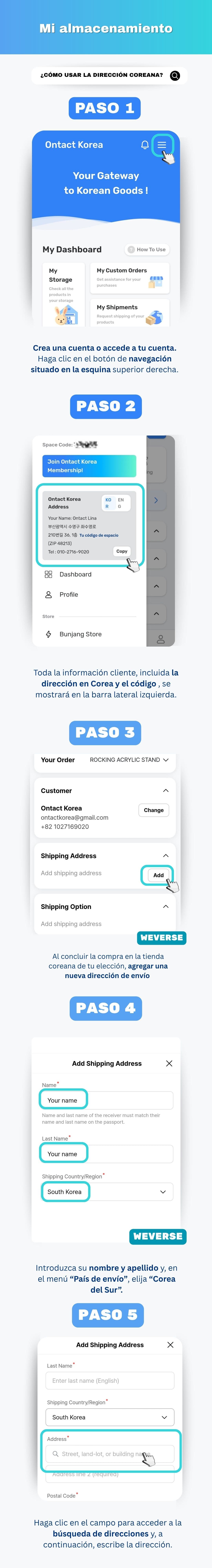Panel de Ontact Korea mostrando la dirección coreana gratuita y el Space Code único