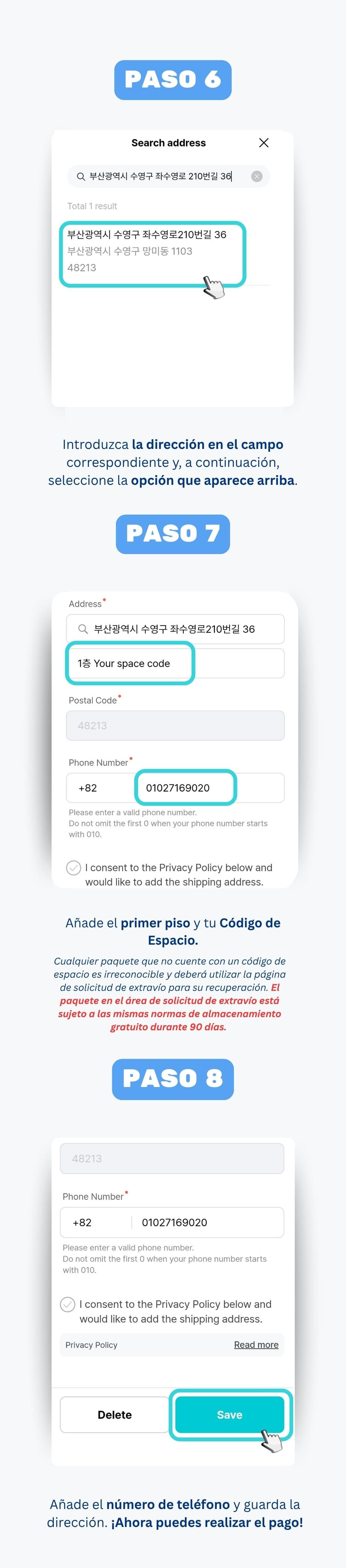 Lista de paquetes entrantes en el panel de Ontact Korea con fotos y peso