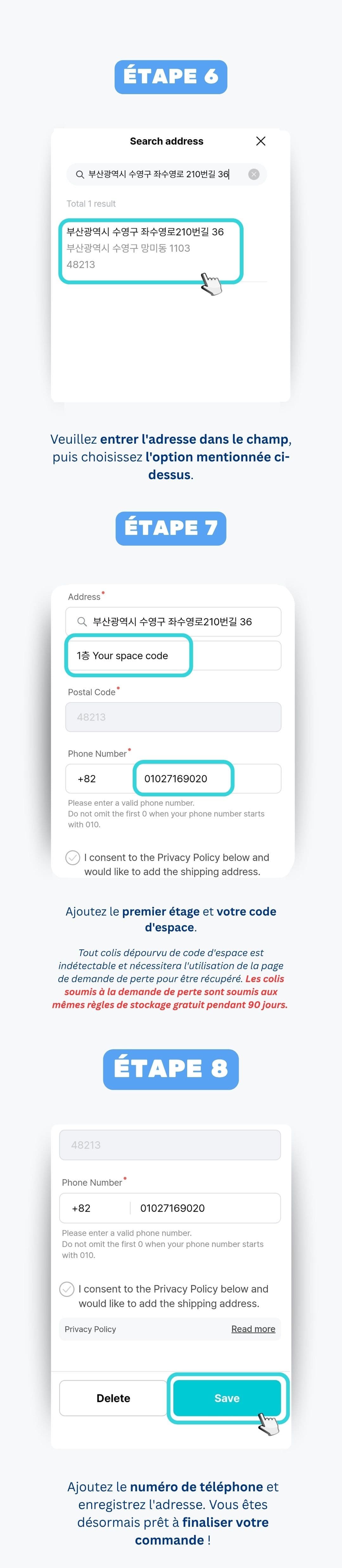 Liste des colis entrants sur le tableau de bord Ontact Korea avec photos et poids