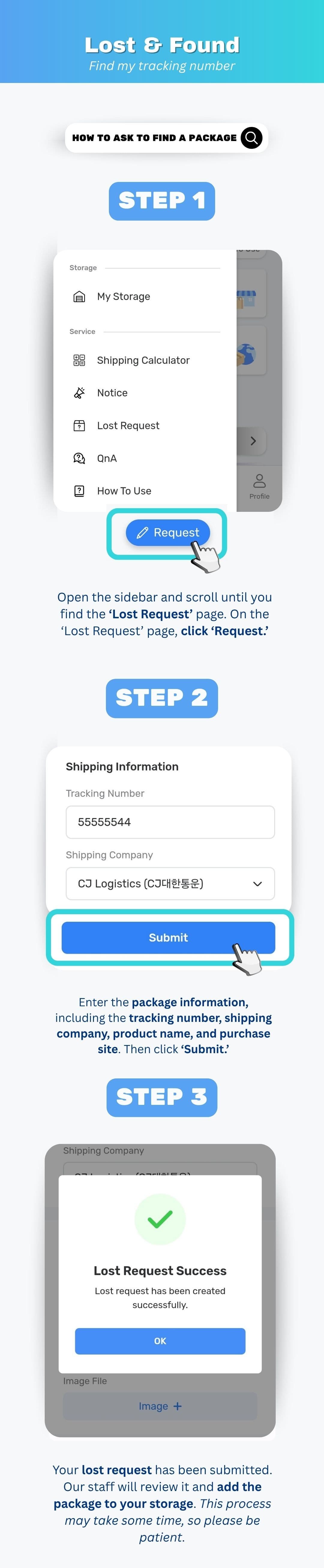 Submitting a lost package request form on the Ontact Korea dashboard