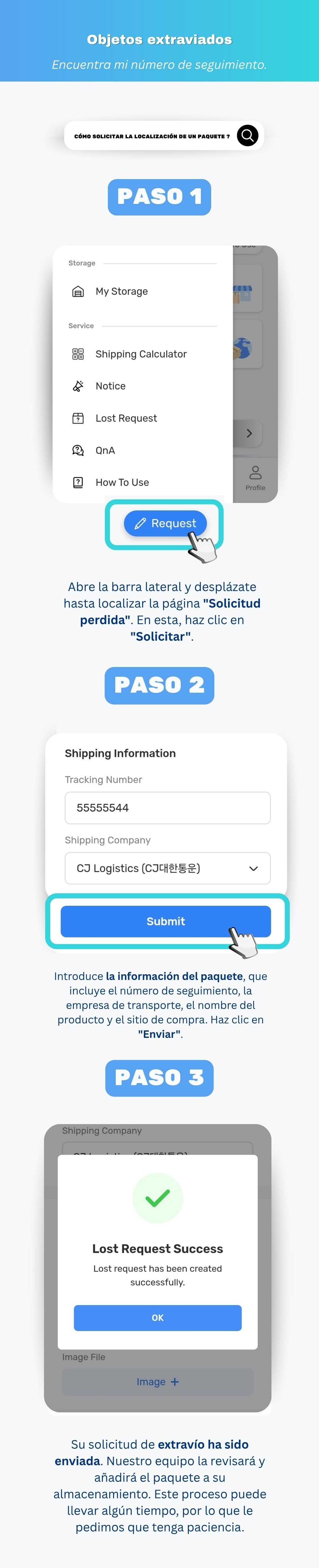 Enviando un formulario de solicitud de paquete perdido en el panel de Ontact Korea