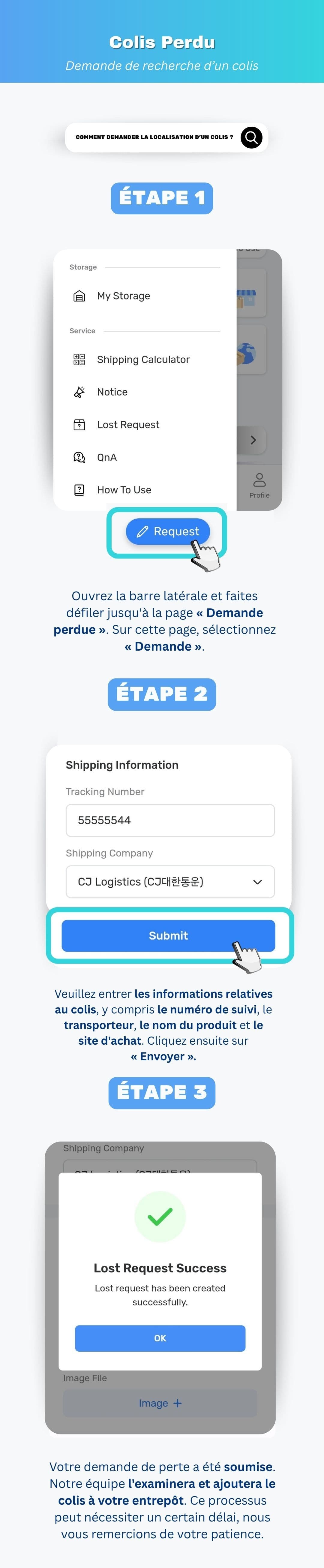 Soumettre un formulaire de demande de colis perdu sur le tableau de bord Ontact Korea