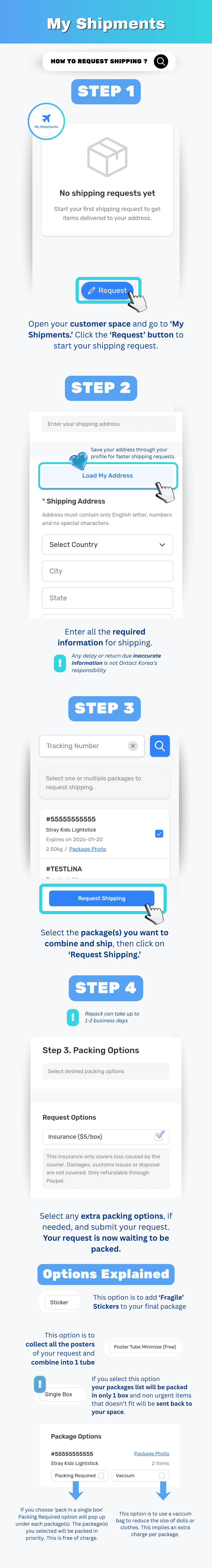 Selecting Korean packages and submitting an international shipping request on Ontact Korea