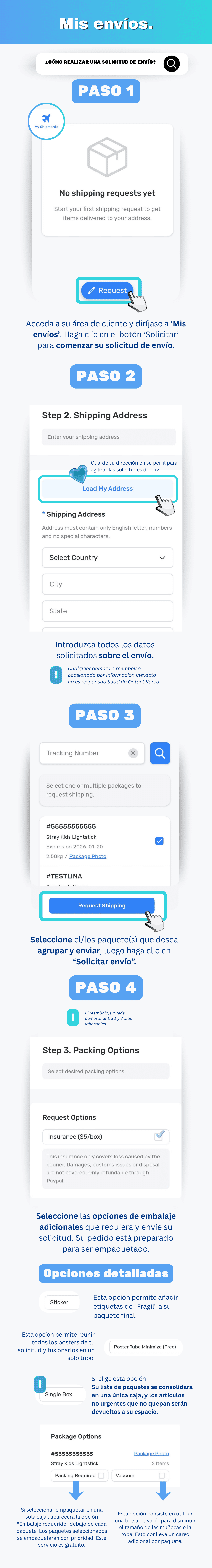 Seleccionando paquetes coreanos y enviando una solicitud de envío internacional en Ontact Korea