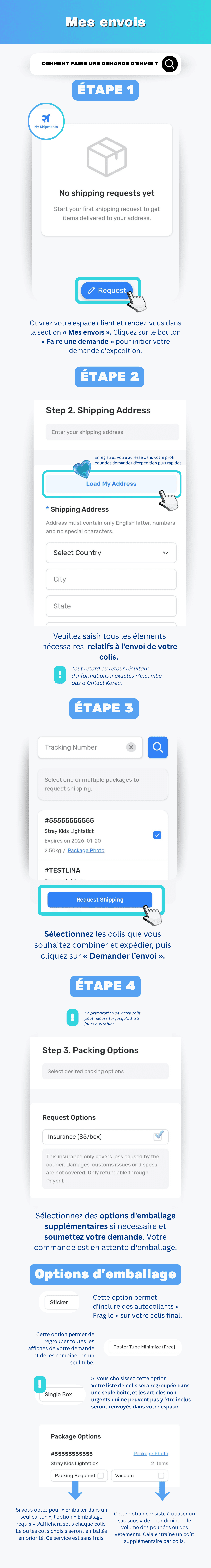 Sélection de colis coréens et soumission d'une demande d'expédition internationale sur Ontact Korea