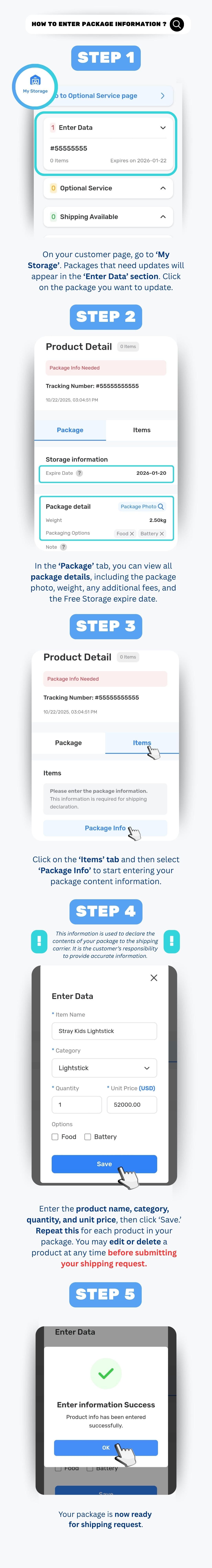 Ontact Korea My Storage overview showing the Korean warehouse address, Space Code, and incoming package tracking
