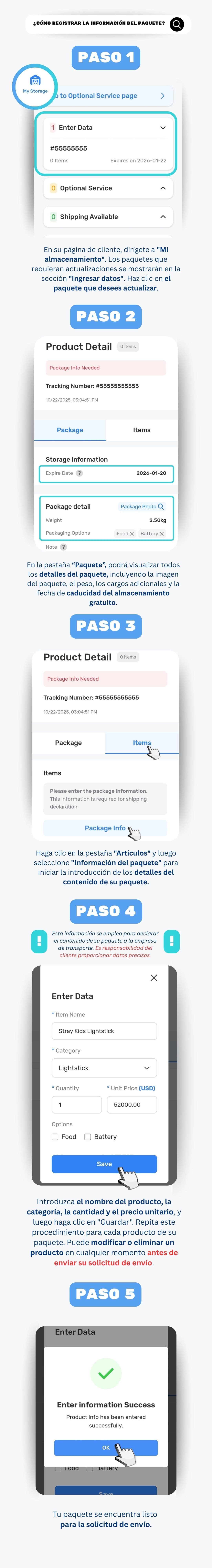 Vista general de Mi Almacenamiento en Ontact Korea mostrando la dirección del almacén coreano, el Space Code y el seguimiento de paquetes