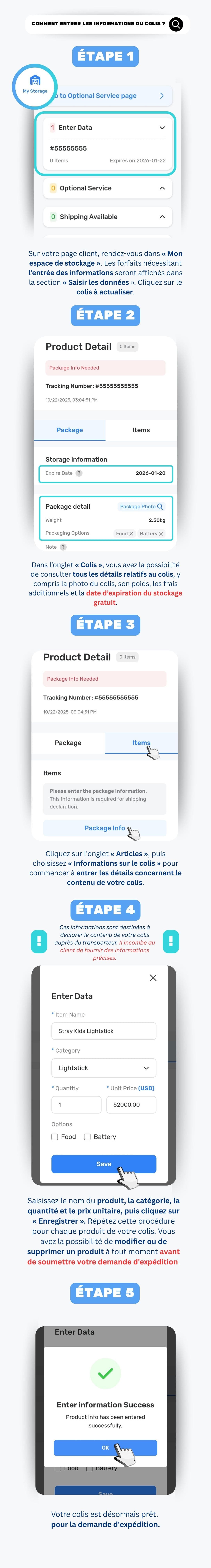 Vue d'ensemble Mon Stockage Ontact Korea montrant l'adresse de l'entrepôt coréen, le Space Code et le suivi des colis entrants