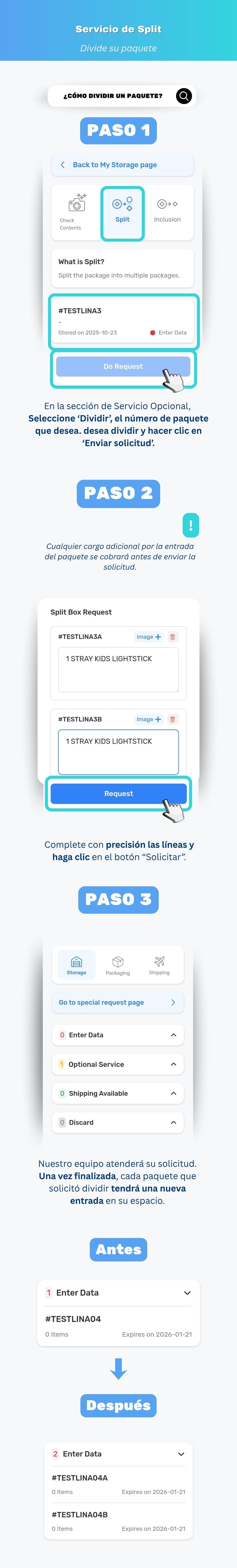 Dividiendo un paquete coreano de Ontact Korea en múltiples envíos a diferentes destinos
