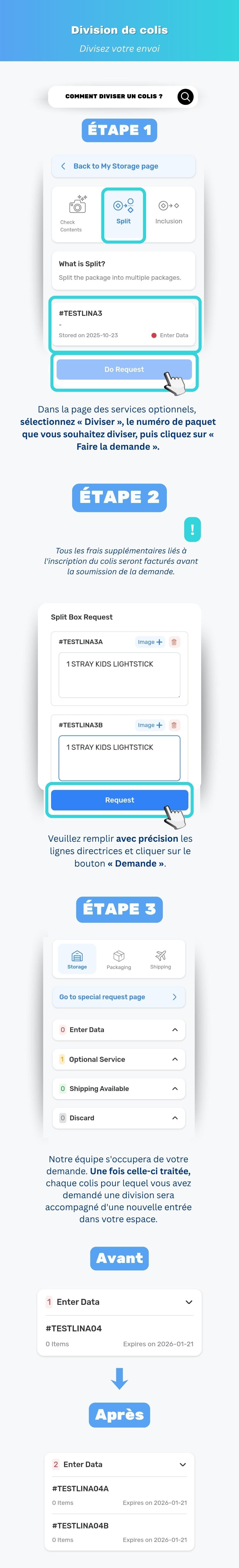 Diviser un colis coréen Ontact Korea en plusieurs expéditions vers différentes destinations